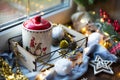 Christmas decor by the window on a cozy wooden windowsill with a mug with a drink and a cookie jar. Fairy lights, Christmas tree