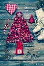 Christmas decoraion in red and white on wood in rustic vintage s