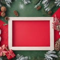 Christmas decorate frame on red and green background, top view, flat lay, mockup. Christmas holiday background with copy space for Royalty Free Stock Photo