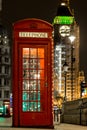 Christmas decorated classic phone box in Westminster, London