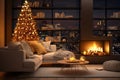 Christmas decorated evening cozy room design ,kamin and candle blurred light near sofa