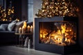 Christmas decorated evening cozy room design ,kamin and candle blurred light near sofa