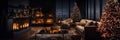 Christmas decorated evening cozy room design ,kamin and candle blurred light near sofa