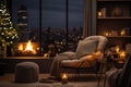 Christmas decorated evening cozy room design ,kamin and candle blurred light near sofa