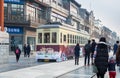 Christmas decorated old tram at Qianmen street in Beijing city. China Royalty Free Stock Photo