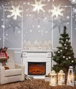 Christmas decorated room with Christmas tree with lantern under it, decorations, blurred, sparking, glowing. Royalty Free Stock Photo