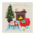 The scene in the room has a Christmas tree Fireplace and Armchair vector Royalty Free Stock Photo