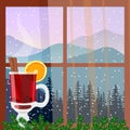 Christmas decorated window with hot mulled wine. Winter landscape with silhouettes of mountains and forest. Vector