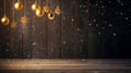 Christmas decorated wooden planks background with hanging golden mirror balls, neural network generated image Royalty Free Stock Photo