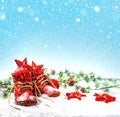 christmas decoration with antique baby shoes. falling snow effect Royalty Free Stock Photo