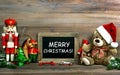 Christmas decoration with antique toys and blackboard Royalty Free Stock Photo