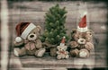 Christmas decoration with antique toys teddy bear family Royalty Free Stock Photo