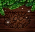 Christmas decoration on the background of the wooden planks. Christmas tree branch, bright multi-colored lights on a bright wooden Royalty Free Stock Photo