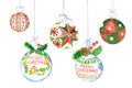 Christmas decoration ball collection with greeting Marry Christmas, handpainted watercolor illustration isolated on white