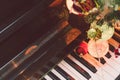 Christmas decoration ball, Christmas tree, gift box placed on the piano in the top view, giving the feeling of Christmas and Royalty Free Stock Photo