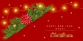 Christmas decoration banner with  fir branches,  baw and lights on red background. Vector illustration Royalty Free Stock Photo