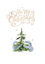 Christmas Decoration Banner - Pine Cones On Fir Branch With Christmas Lights and Lettering Merry Christmas. Watercolor Royalty Free Stock Photo
