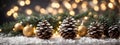 Christmas Decoration Banner - Snowy Pine Cones On Fir Branch With Lights Royalty Free Stock Photo