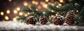 Christmas Decoration Banner - Snowy Pine Cones On Fir Branch With Lights Royalty Free Stock Photo