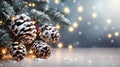 Christmas Decoration Banner - Snowy Pine Cones On Fir Branch With Lights Royalty Free Stock Photo