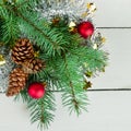 Christmas decoration baubles with branches of fir tree on white background Royalty Free Stock Photo