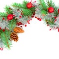 Christmas decoration baubles with branches of fir tree on white background. Free space for text Royalty Free Stock Photo