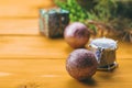 Christmas decoration baubles with branches of fir tree on wooden background Royalty Free Stock Photo