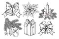 Christmas decoration bells and bow, fir brunches hand drawn sketch holiday illustration