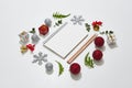 Christmas Decoration with Blank Paper on White Background.Flat L