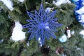 Christmas decoration blue artificial snowflake on a branch.