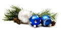 Christmas decoration blue and silver balls with fir cones