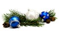Christmas decoration blue and silver balls with fir cones