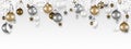 Christmas decoration border with White snowflake, Christmas ball, Stars, and Ribbon hanging on transparent background. Royalty Free Stock Photo