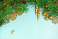 Christmas decoration. Branch christmas tree, christmas balls and chrismas star. Top view, flat lay Royalty Free Stock Photo