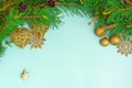 Christmas decoration. Branch christmas tree, christmas balls and chrismas star. Top view, flat lay Royalty Free Stock Photo