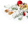 Christmas decoration. Branch christmas tree, christmas bells, red balls and cones spruce on snow on white background Royalty Free Stock Photo