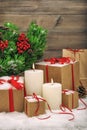 Christmas decoration burning candles gift boxes and christmas tr Royalty Free Stock Photo