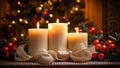 Christmas decoration with burning candles on wooden table over christmas tree background Royalty Free Stock Photo