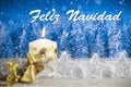 Christmas decoration with candle, golden bow, silver stars, with text in Spanish `Feliz Navidad` in a blue forest background Royalty Free Stock Photo