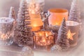 Christmas decoration and candle lights on a rusty tray Royalty Free Stock Photo