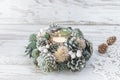 Christmas decoration with candle and snowy fir branches. Royalty Free Stock Photo