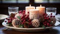 Christmas decoration, candle, table, pine cone, winter, wood, fruit, leaf, nature, background generated by AI