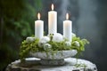 Christmas decoration with candles, moss, winter flowers Royalty Free Stock Photo