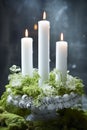 Christmas decoration with candles, moss, winter flowers Royalty Free Stock Photo