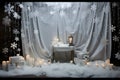 Christmas decoration with candles, snowflakes and garlands in dark room with copy space Royalty Free Stock Photo