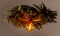 Christmas decoration for chandelier with fur and golden warm bulb isolated