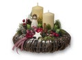 Christmas decoration - christmas composition made from wreath, candles and christmas decorative accessories. Royalty Free Stock Photo