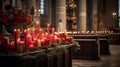 Christmas decoration in a church, featuring red candles on an altar with a beautifully lit Christmas tree in the background