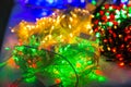 Christmas decoration closeup, lights, xmas garland