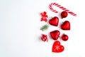 Christmas decoration collection: hearts, branches, Christmas candy, Christmas tree, balls, angel, bell, top view
